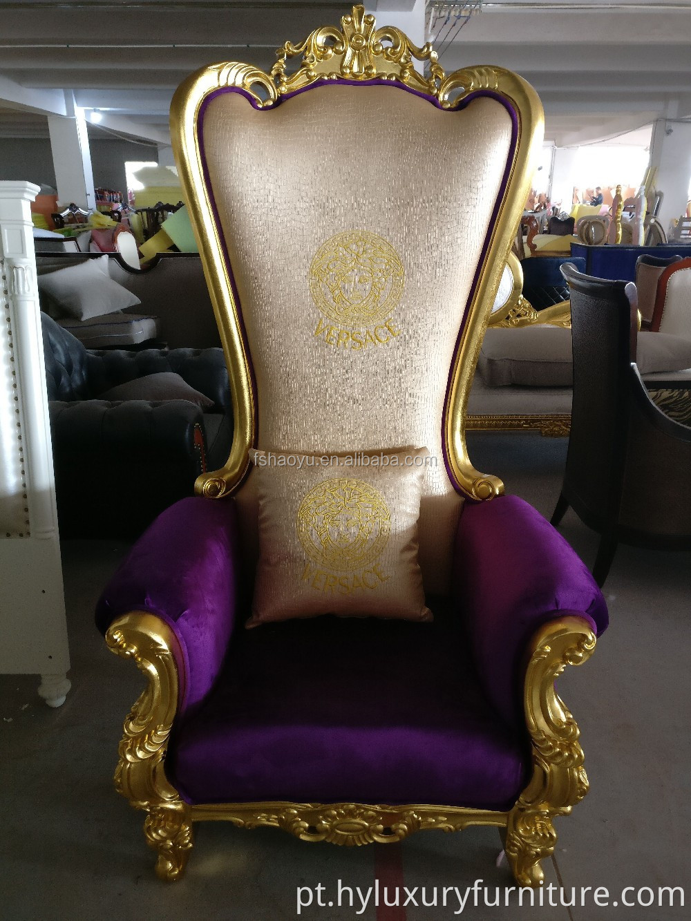 Fornecimento de cadeira royal king throne, cadeira PU bergere, cadeira de couro roxo para hotel com encosto alto